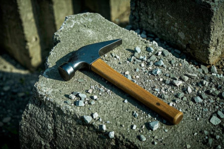 Metal hammer tool placed on stoneの素材