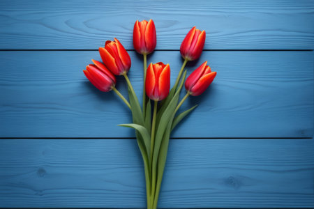 Red tulip on blue backgroundの素材