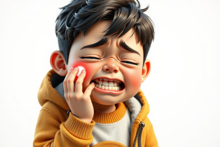 Cartoon little boy covers his face with a painful expressionの素材