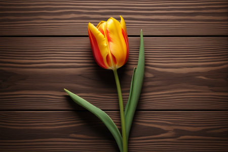 Red and yellow tulips on a wooden backgroundの素材