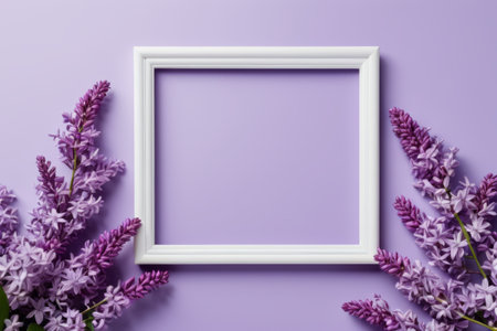 Purple background white picture frame with lilac flowersの素材