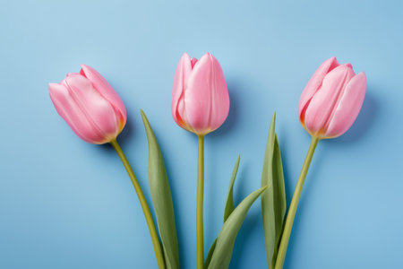 Three pink tulips on a blue backgroundの素材