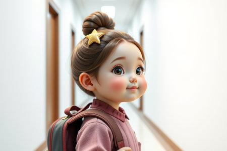 Back view of the little girl carrying a school bag in the corridorの素材