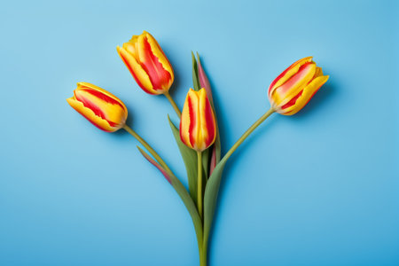 Red and yellow tulips on a blue backgroundの素材