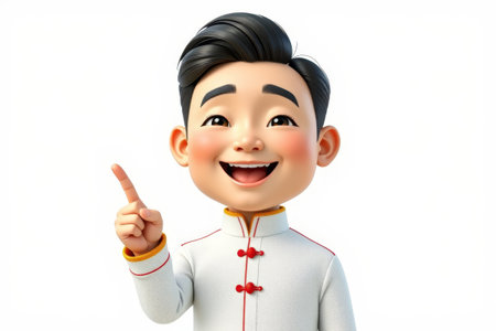 Cartoon boy in Chinese costume pointingの素材