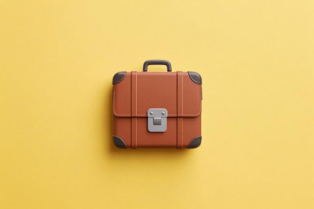 Brown suitcase on yellow backgroundの素材