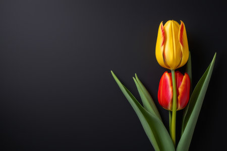 Close up of red and yellow tulip on black backgroundの素材