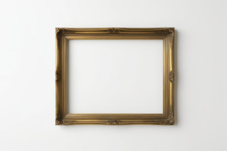 Gold decorative picture frame hanging on white wallの素材