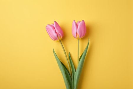 Two pink tulips on a yellow backgroundの素材