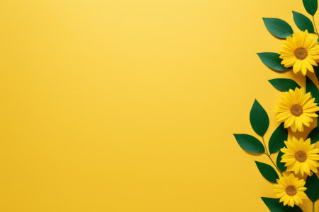 Sunflowers and green leaves on a yellow backgroundの素材