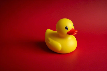 Yellow rubber duck on red backgroundの素材