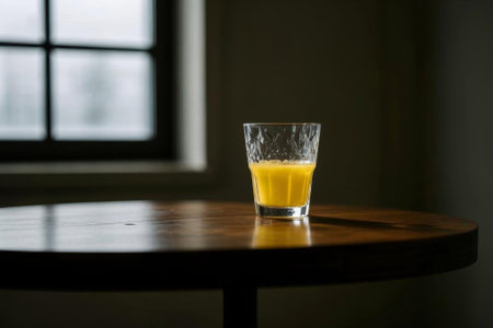 Fresh juice in glass on wooden tableの素材