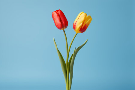 Red and yellow bicolor tulip on a blue backgroundの素材