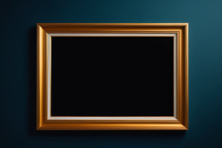 Gold frame hanging on dark blue background wallの素材