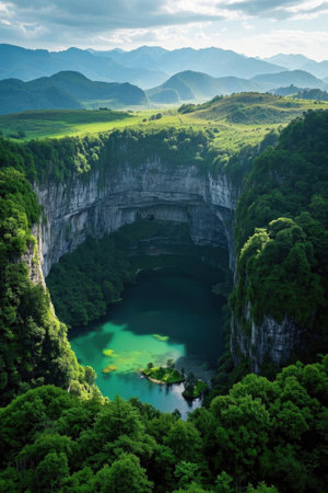 Natural sinkhole landscape among green mountains and green watersの素材