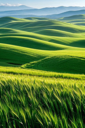 Green rolling wheat fields natural sceneryの素材