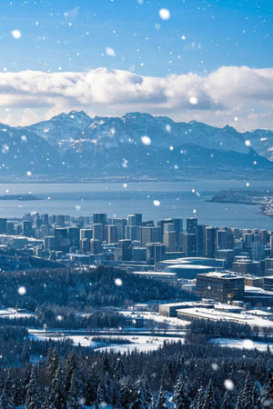 Snowy city and distant mountain landscapeの素材