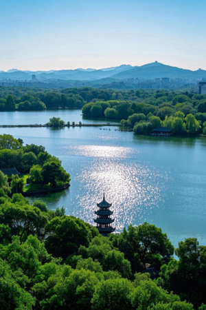 Hangzhou West Lake Lake Scenery and Chinese Architectural Sceneryの素材