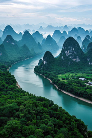 Panoramic view of the Li River landscape in Guilinの素材