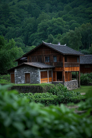 Wooden farmhouses and greenery in the mountains and forestsの素材