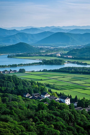 Rural scenery surrounded by mountains and riversの素材