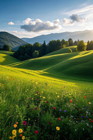 Outdoor green hills and floral sceneryの素材