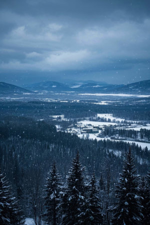 Panoramic view of the snow capped mountains and forestsの素材