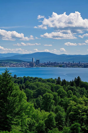 Lakeside forest and distant cityscapeの素材