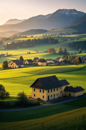 Panoramic view of idyllic countryside and hillsの素材