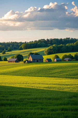 Panoramic view of rural and field sceneryの素材