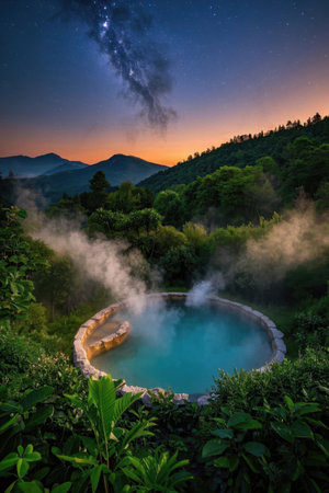 Hot spring scenery under the mountain starry skyの素材