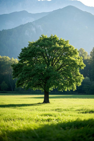 A separate green tree in the fieldの素材