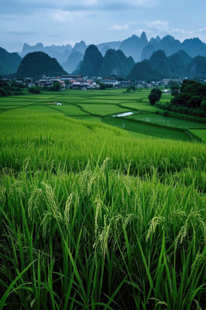 Guilin's rural rice fields and distant mountain landscapesの素材