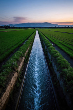 Sunset view of irrigation canals in the fieldsの素材
