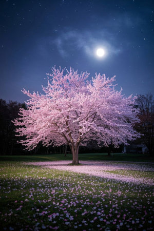 Cherry blossom trees blooming under the moonlit nightの素材