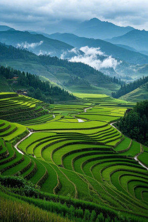 Green terraced fields in the mountainsの素材