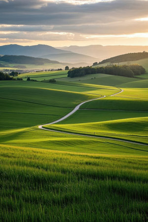 Pastoral scenery, winding paths, green fieldsの素材