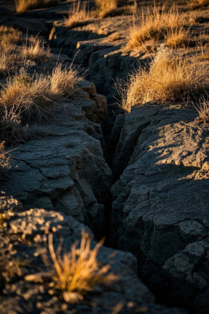 Outdoor rock crevices and dead grass landscapeの素材