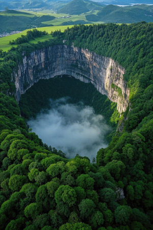 A view of the huge sinkhole surrounded by forestの素材