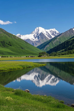 Lake and green hill landscape under the snow capped mountainsの素材