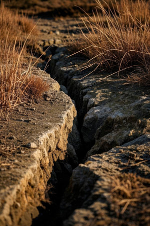 The ground is dry and cracked with dead yellow weedsの素材