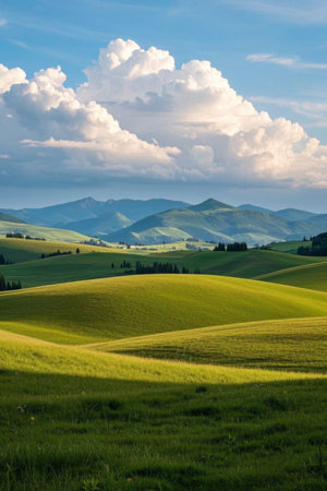 Green grassland and distant mountains with blue sky and white clouds landscapeの素材