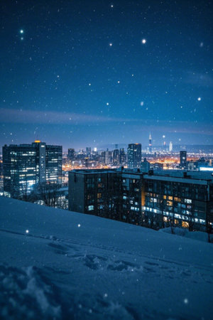 Snowy night view of the cityの素材