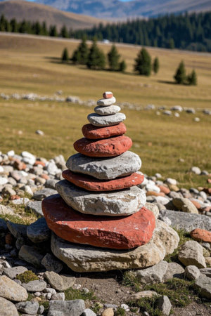 Stacked colored stones in outdoor grassの素材