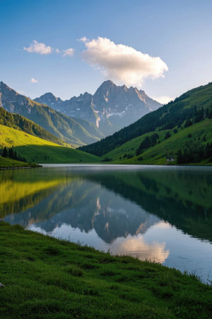 Panoramic view of natural scenery of mountains and lakesの素材