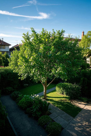 Courtyard green trees and green plant landscapeの素材