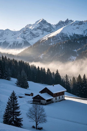 Snowy forest cabin at the foot of the snow mountainの素材