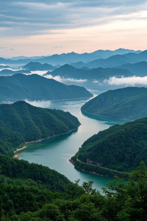 Panoramic view of natural scenery with mountains and riversの素材