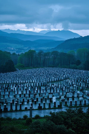 Cloudy Cemetery and Distant Mountain Landscapeの素材