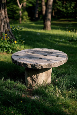 Stone table on the grassの素材
